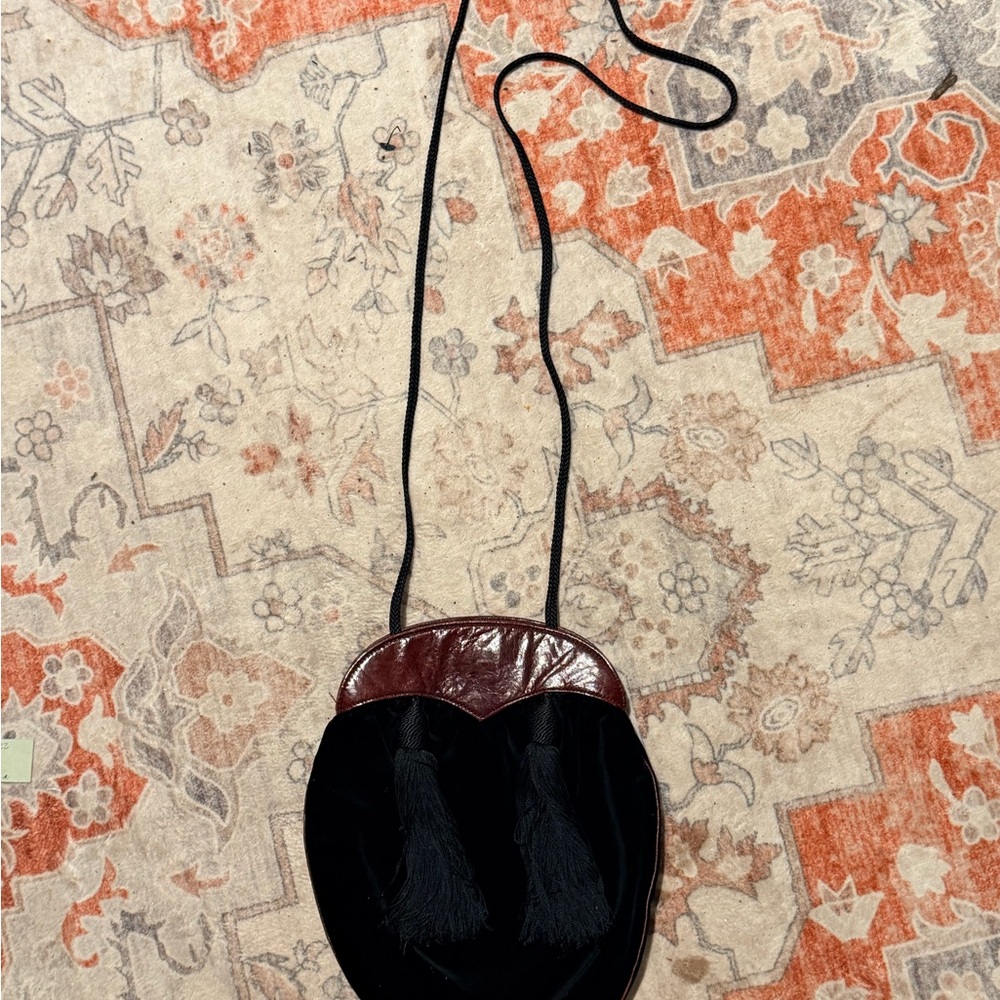 Vintage Black Velvet Crossbody with Brown Leather Accent and Tassels